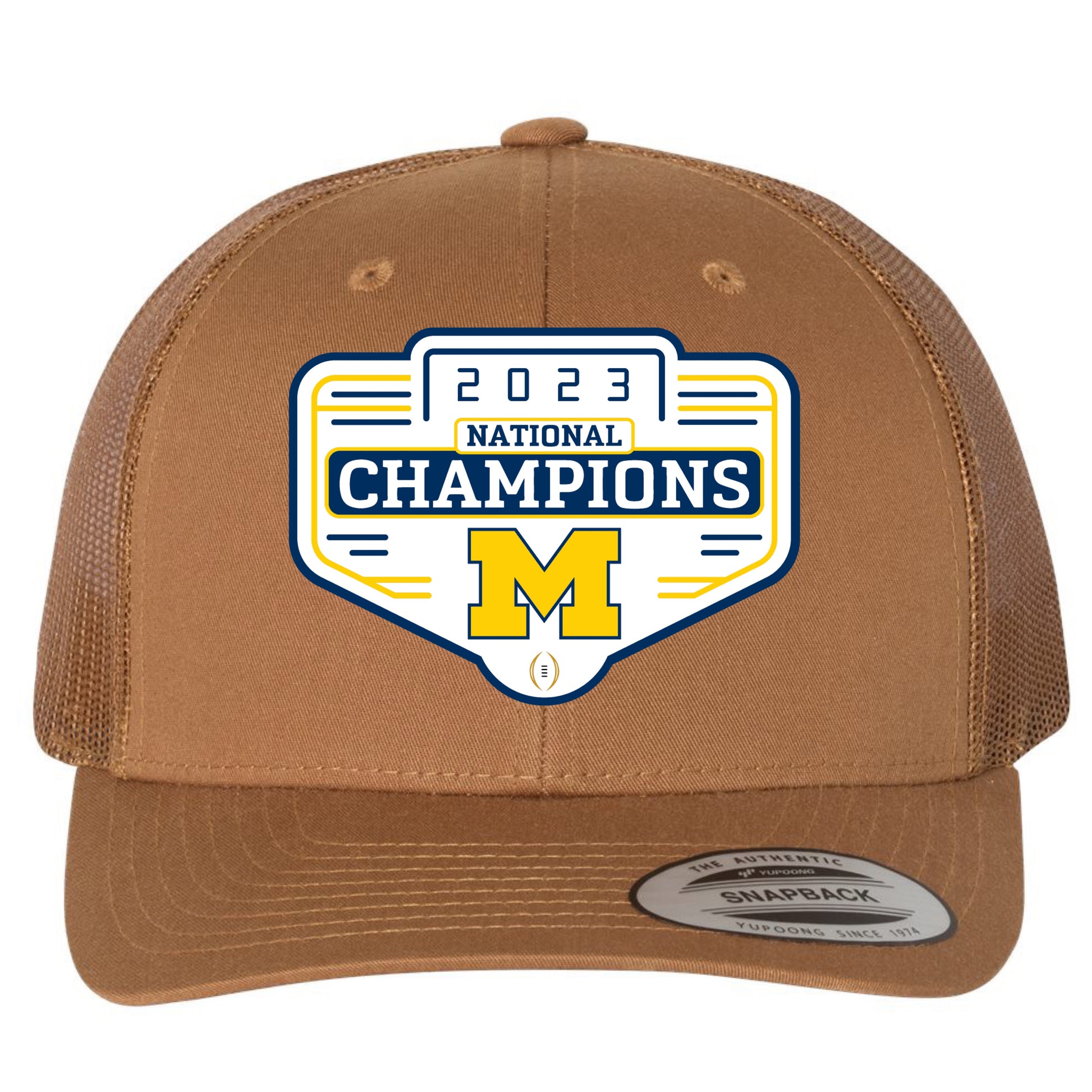 Michigan Wolverines 2023 National Champions 3D YP Snapback Trucker Hat- Caramel - Ten Gallon Hat Co.