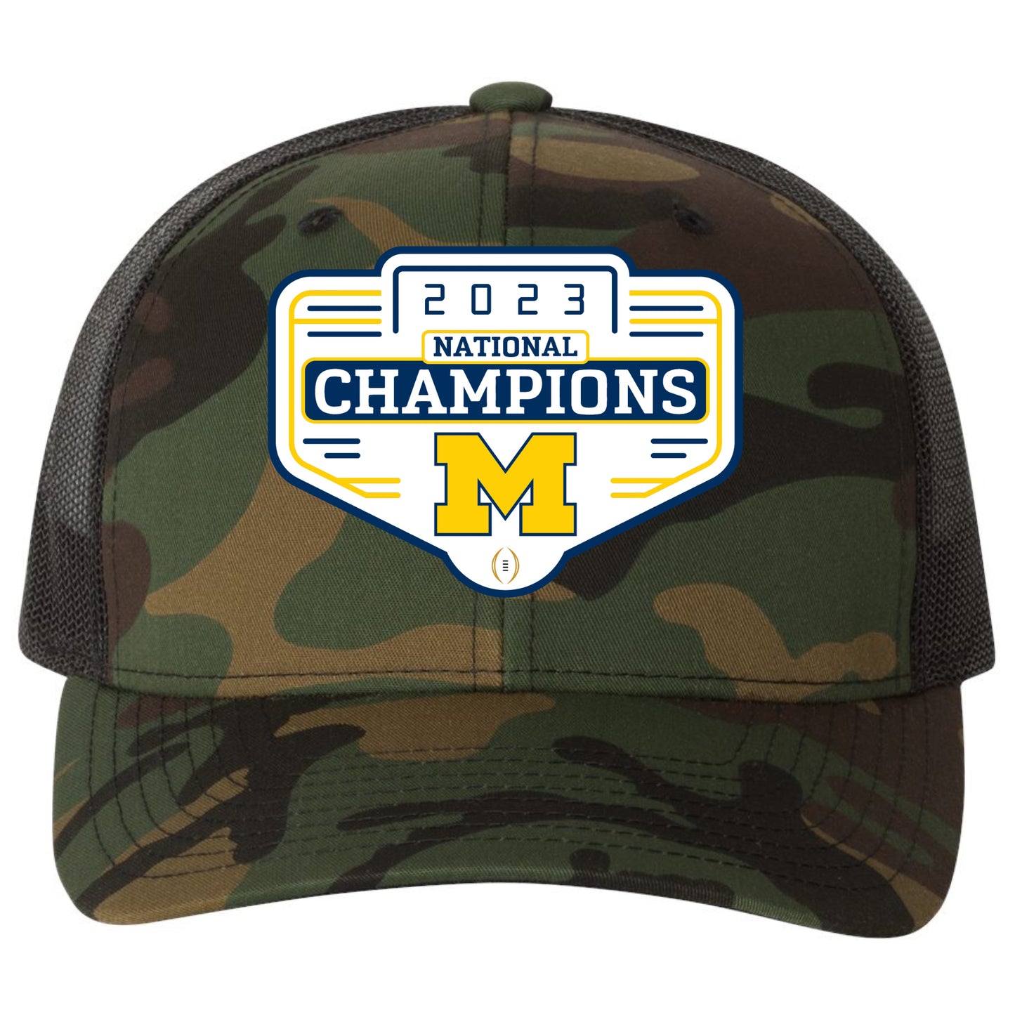 Michigan Wolverines 2023 National Champions 3D YP Snapback Trucker Hat- Army Camo/ Black - Ten Gallon Hat Co.