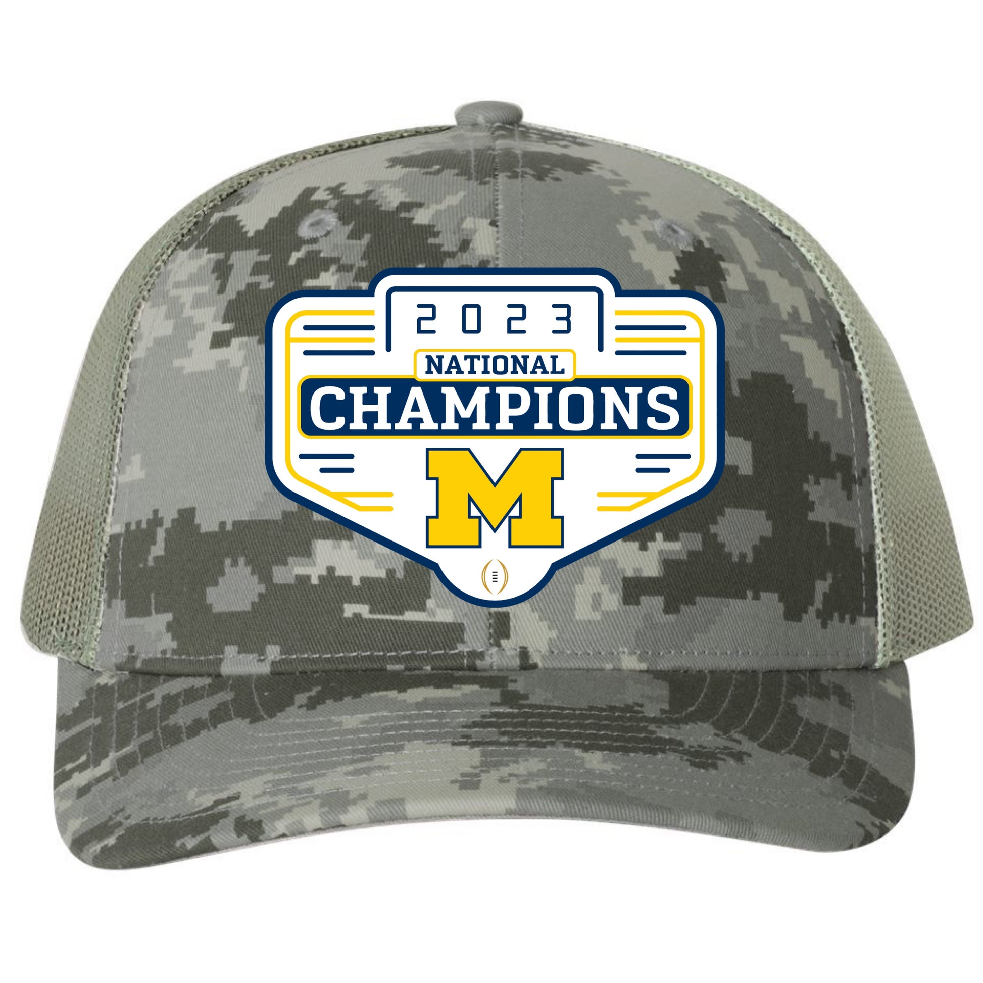 Michigan Wolverines 2023 National Champions 3D Snapback Trucker Hat- Digital Camo/ Light Green - Ten Gallon Hat Co.