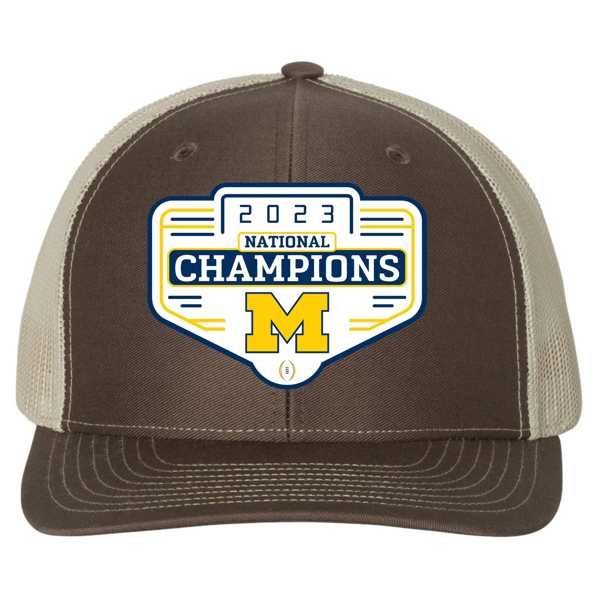 Michigan Wolverines 2023 National Champions 3D YP Snapback Trucker Hat- Brown/ Tan - Ten Gallon Hat Co.