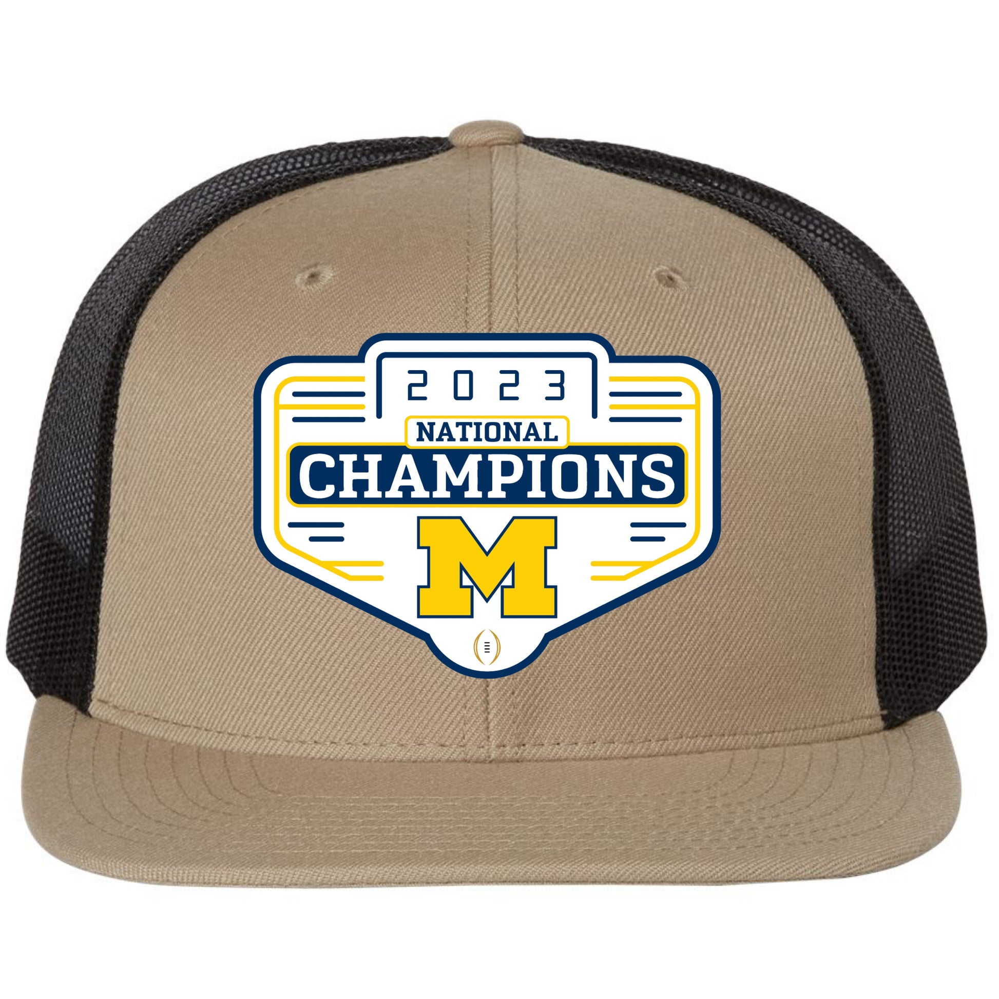 Michigan Wolverines 2023 National Champions Wool Blend Flat Bill Hat- Tan/ Black - Ten Gallon Hat Co.