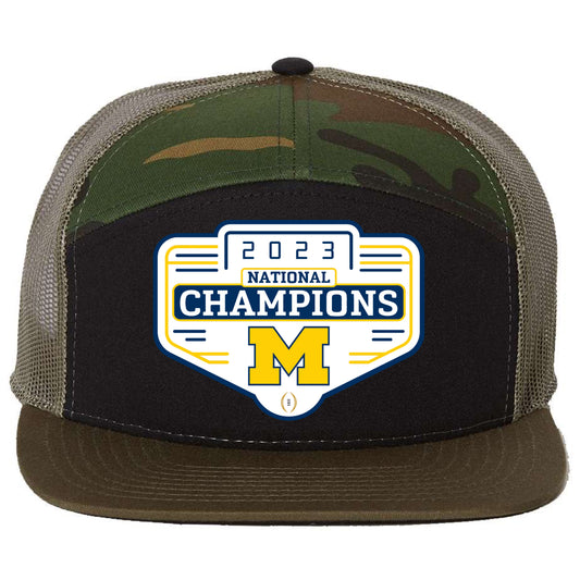 Michigan Wolverines 2023 National Champions 3D Snapback Seven-Panel Trucker Hat- Black/ Camo/ Loden - Ten Gallon Hat Co.