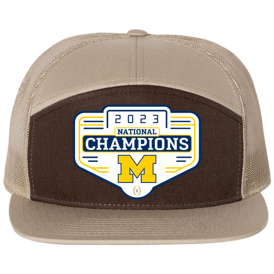 Michigan Wolverines 2023 National Champions 3D Snapback Seven-Panel Trucker Hat- Brown/ Tan - Ten Gallon Hat Co.