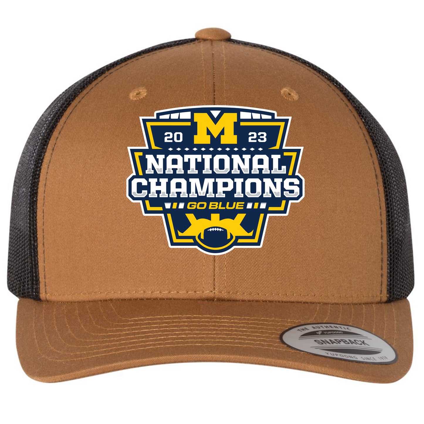 Michigan College Football Playoff 2023 National Champions 3D YP Snapback Trucker Hat- Caramel/ Black - Ten Gallon Hat Co.