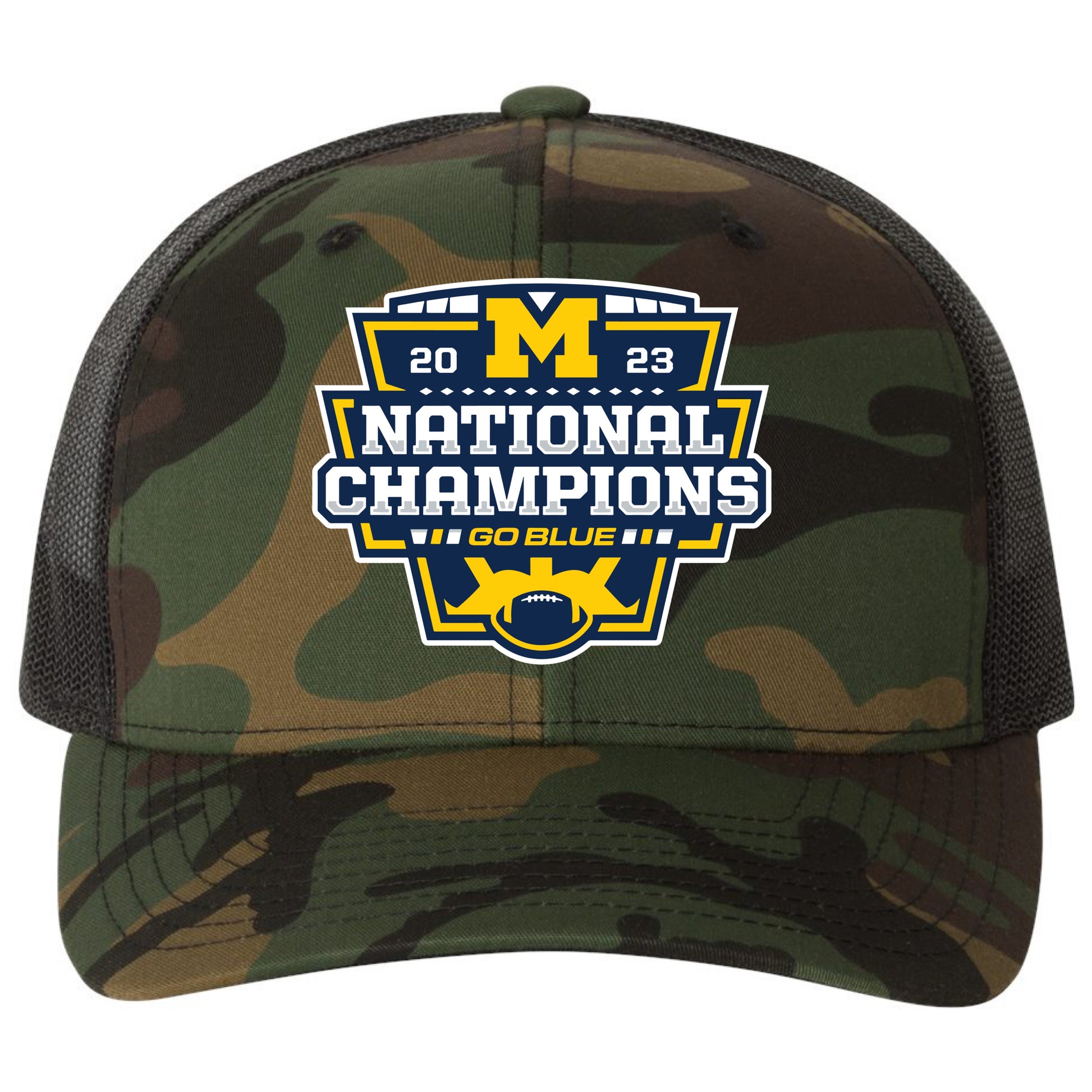 Michigan College Football Playoff 2023 National Champions 3D Snapback Trucker Hat- Army Camo/ Black - Ten Gallon Hat Co.