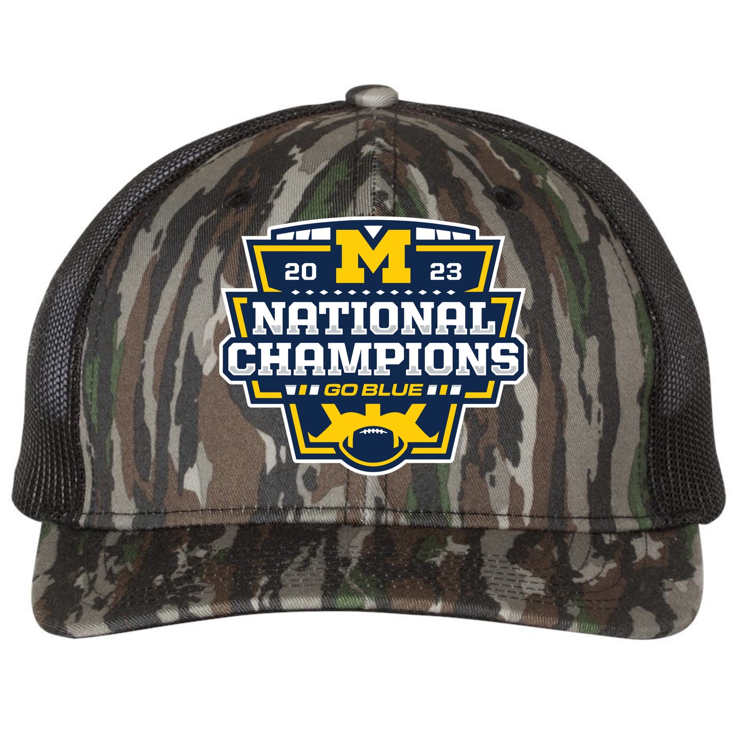 Michigan College Football Playoff 2023 National Champions 3D Snapback Trucker Hat- Realtree Original/ Black - Ten Gallon Hat Co.