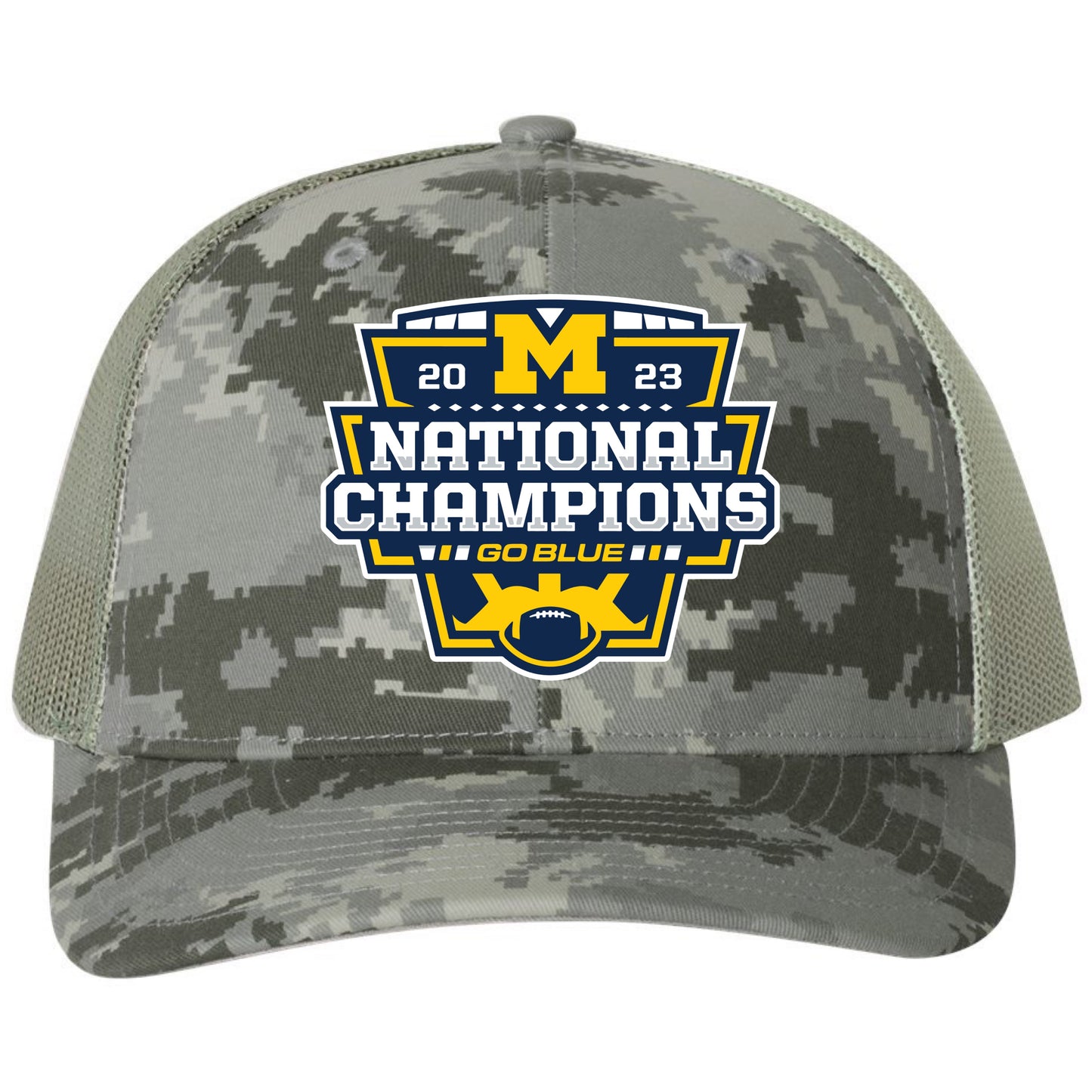 Michigan College Football Playoff 2023 National Champions 3D Snapback Trucker Hat- Digital Camo/ Light Green - Ten Gallon Hat Co.