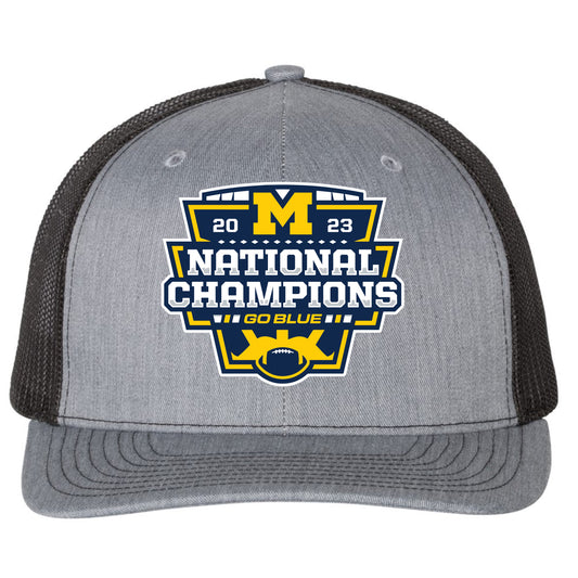 Michigan College Football Playoff 2023 National Champions 3D Snapback Trucker Hat- Heather Grey/ Black - Ten Gallon Hat Co.