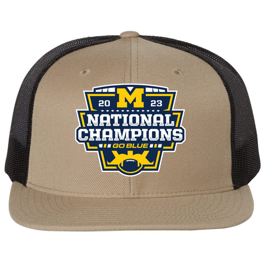 Michigan College Football Playoff 2023 National Champions Wool Blend Flat Bill Hat- Tan/ Black - Ten Gallon Hat Co.
