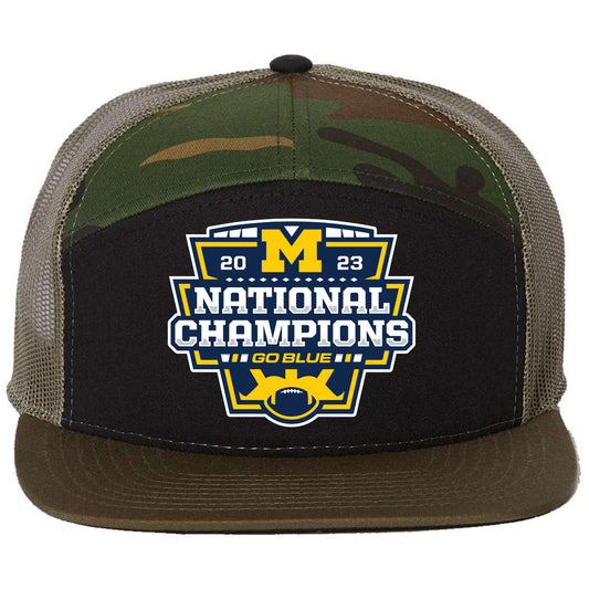 Michigan College Football Playoff 2023 National Champions 3D Snapback Seven-Panel Trucker Hat- Black/ Camo/ Loden - Ten Gallon Hat Co.