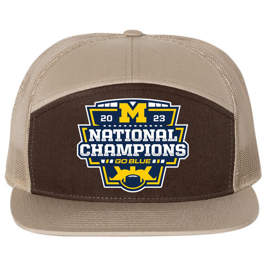 Michigan College Football Playoff 2023 National Champions 3D Snapback Seven-Panel Trucker Hat- Brown/ Tan - Ten Gallon Hat Co.