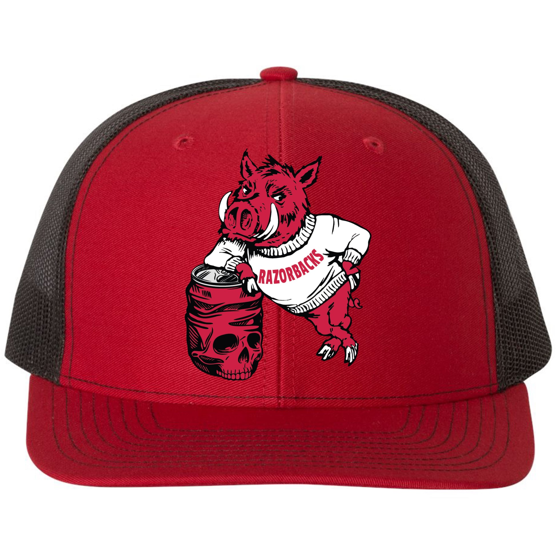 Arkansas Razorbacks- Skull Crushers 3D Snapback Trucker Hat- Red/ Black - Ten Gallon Hat Co.