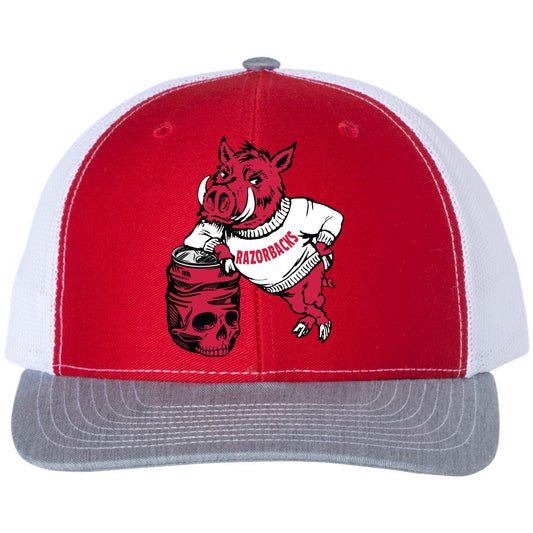 Arkansas Razorbacks- Skull Crushers 3D Snapback Trucker Hat- Red/ White/ Heather Grey - Ten Gallon Hat Co.