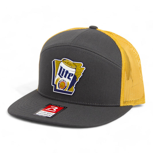 It's Miller Time Arkansas 3D Snapback Seven-Panel Flat Bill Trucker Hat- Charcoal/ Old Gold