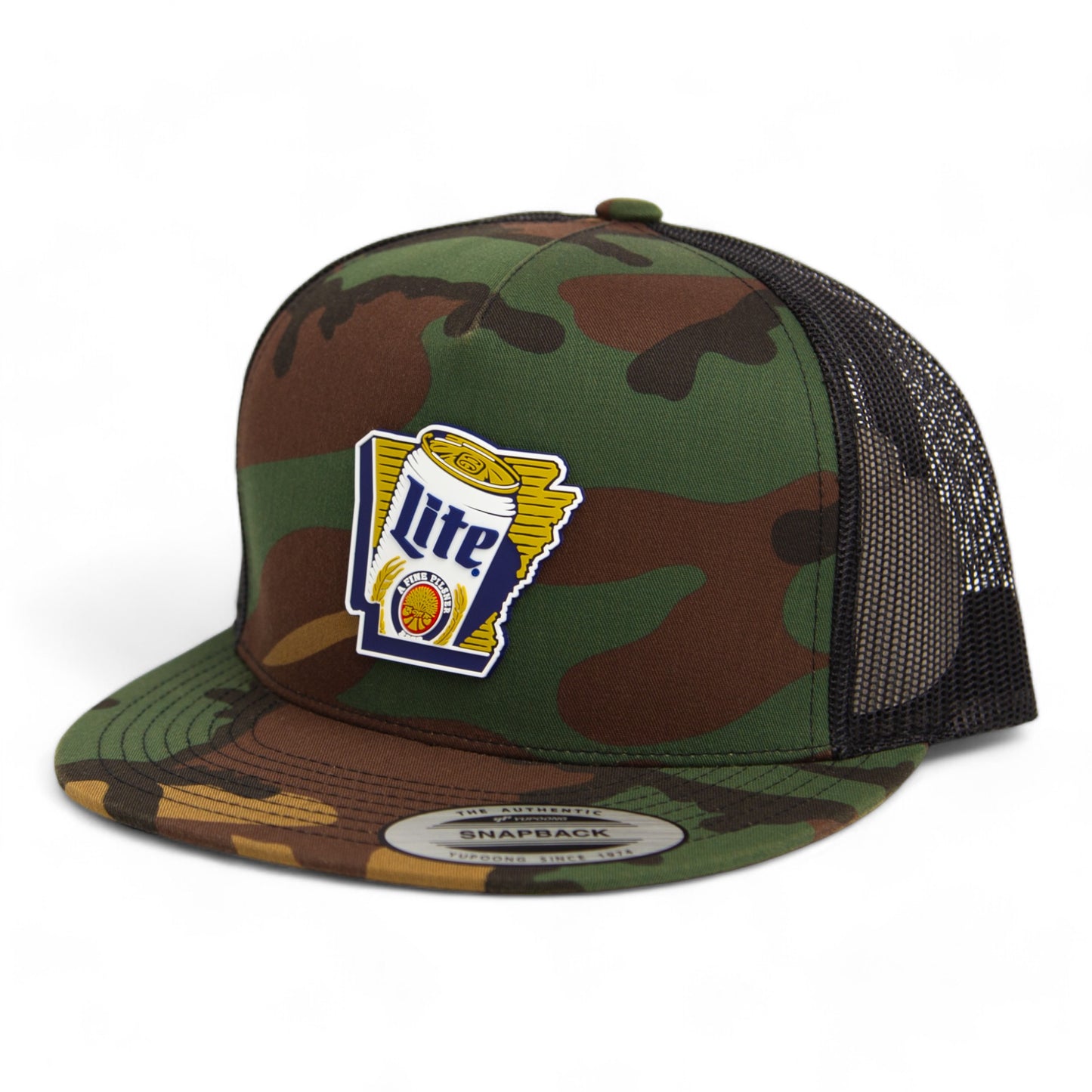 It's Miller Time Arkansas 3D YP Snapback Flat Bill Trucker Hat- Army Camo/ Black