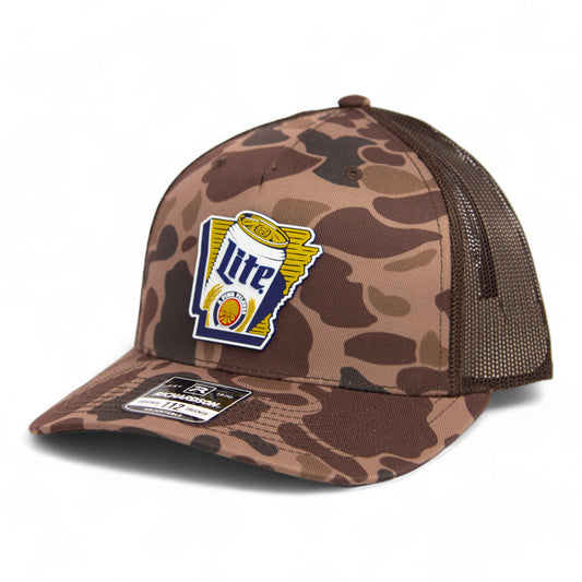 It's Miller Time Arkansas 3D Snapback Trucker Hat- Bark Duck Camo/ Brown