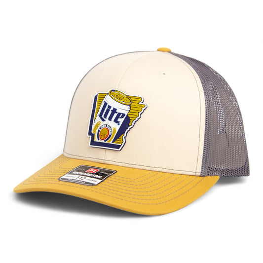 It's Miller Time Arkansas 3D Snapback Trucker Hat- Mink Beige/ Charcoal/ Amber Gold