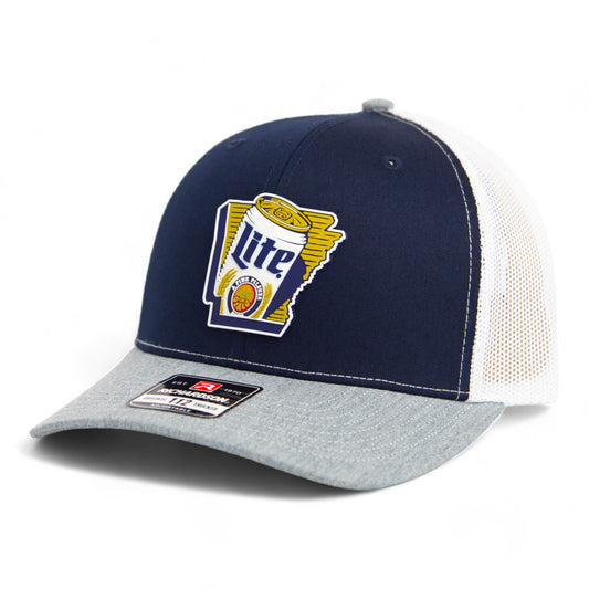 It's Miller Time Arkansas 3D Snapback Trucker Hat- Navy/ White/ Heather Grey