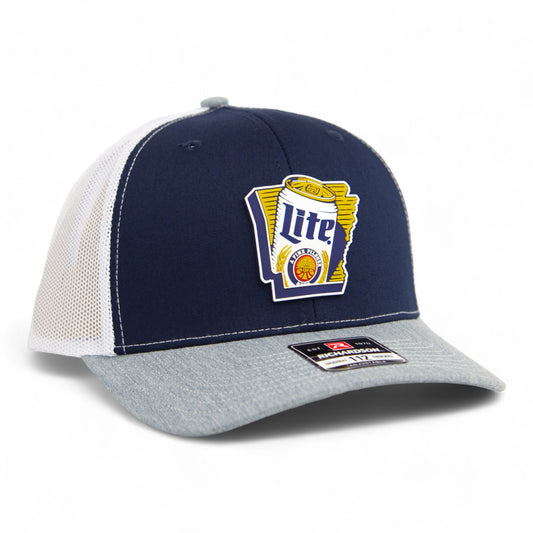 It's Miller Time Arkansas 3D Snapback Trucker Hat- Navy/ White/ Heather Grey