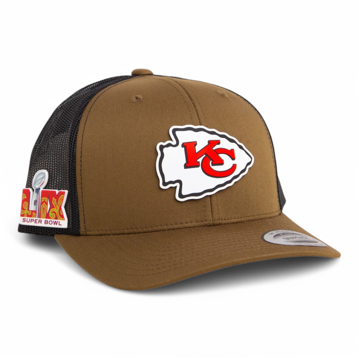 Kansas City Chiefs Super Bowl LIX 3D YP Snapback Trucker Hat- Coyote Brown/ Black