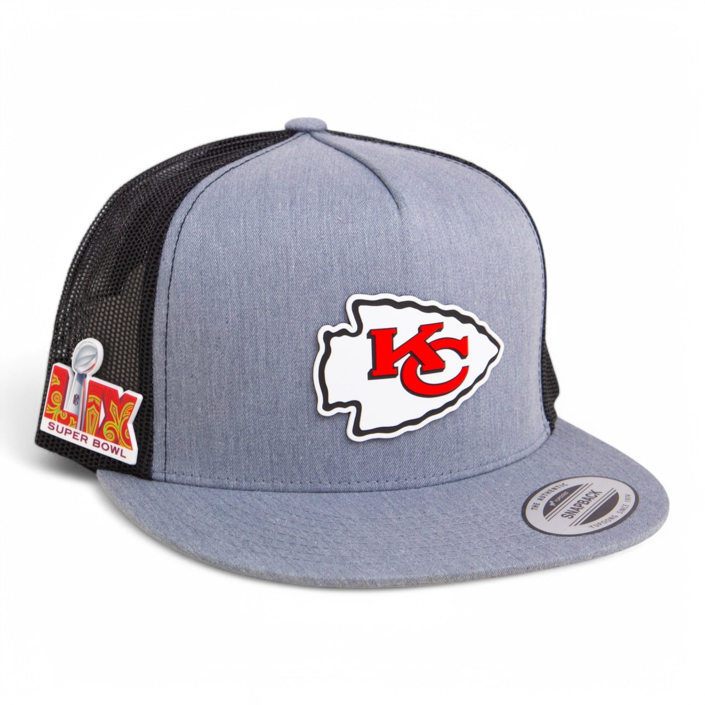 Kansas City Chiefs Super Bowl LIX 3D YP Snapback Flat Bill Trucker Hat- Heather Grey/ Black