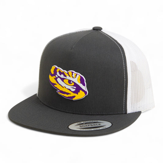 LSU Tiger Eye 3D YP Snapback Flat Bill Trucker Hat- Charcoal/ White