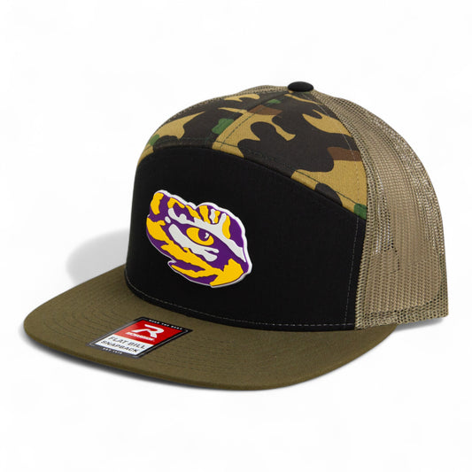 LSU Tiger Eye 3D Snapback Seven-Panel Flat Bill Trucker Hat- Black/ Camo/ Loden
