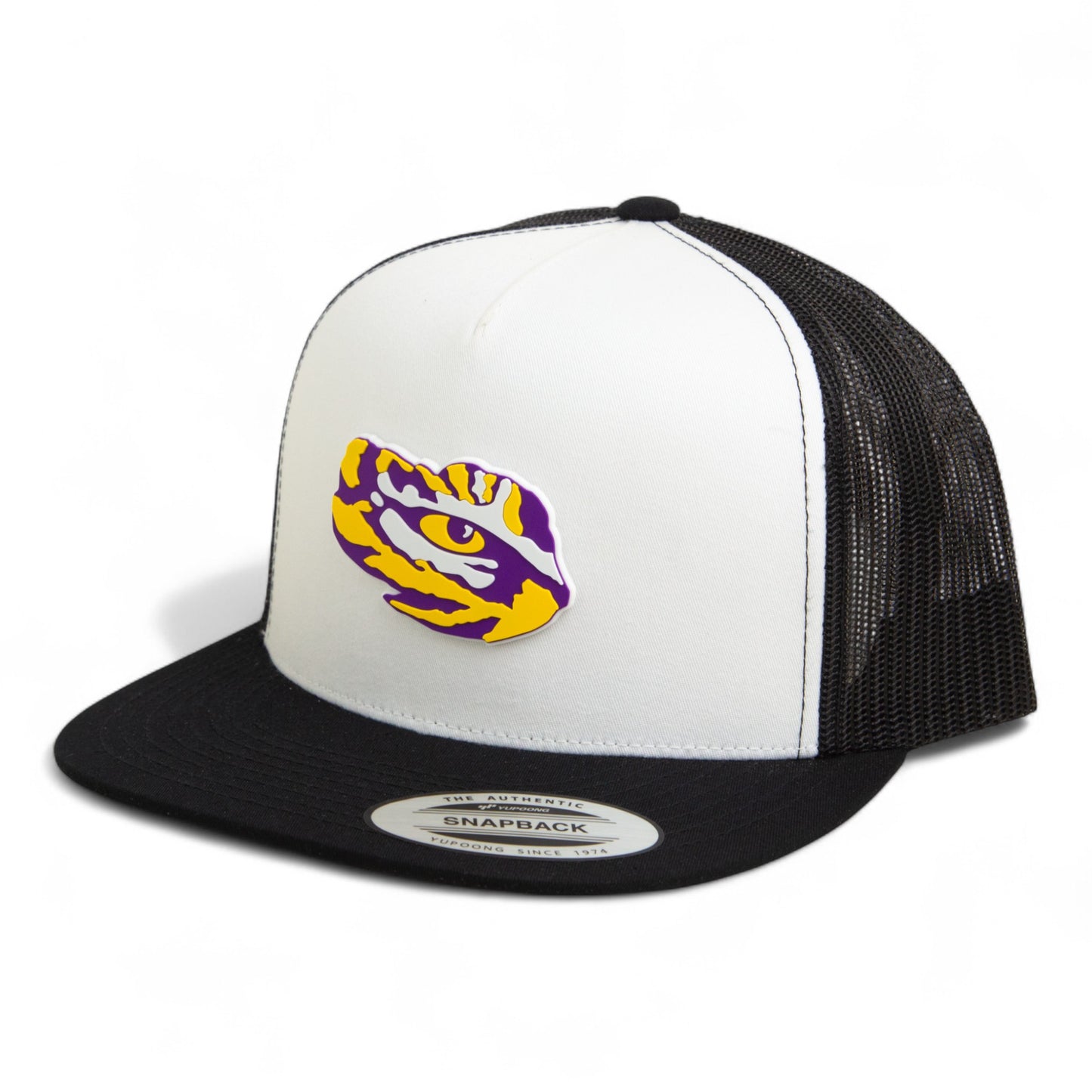 LSU Tiger Eye 3D YP Snapback Flat Bill Trucker Hat- White/ Black