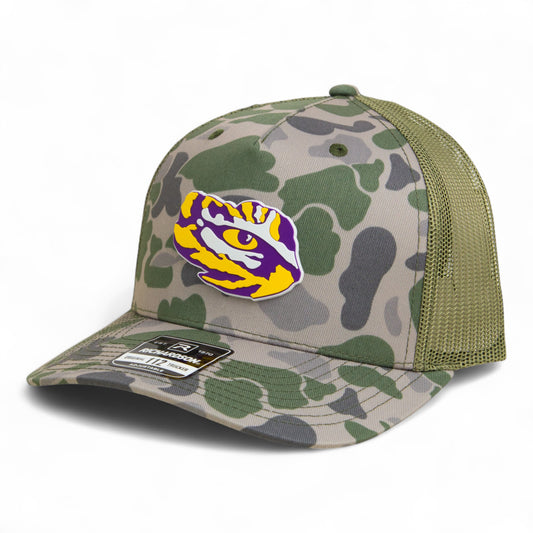 LSU Tiger Eye 3D Snapback Trucker Hat- Marsh Duck Camo/ Loden