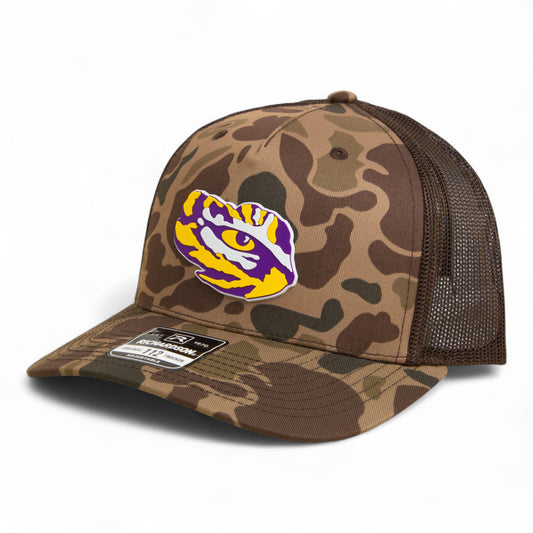 LSU Tiger Eye 3D Snapback Trucker Hat- Bark Duck Camo/ Brown