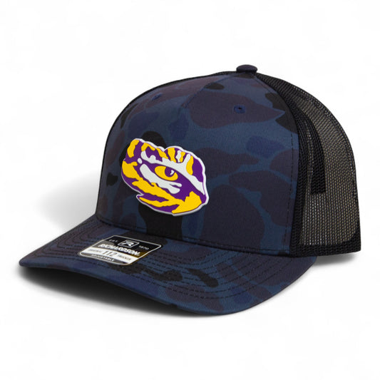 LSU Tiger Eye 3D Snapback Trucker Hat- Admiral Duck Camo/ Black