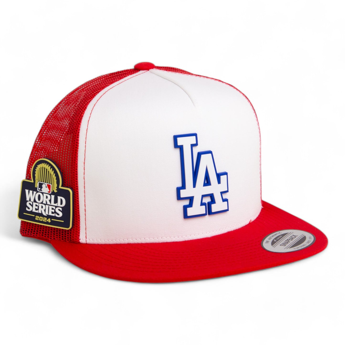 LA Dodgers 2024 World Series 3D YP Snapback Flat Bill Trucker Hat White- White/ Red