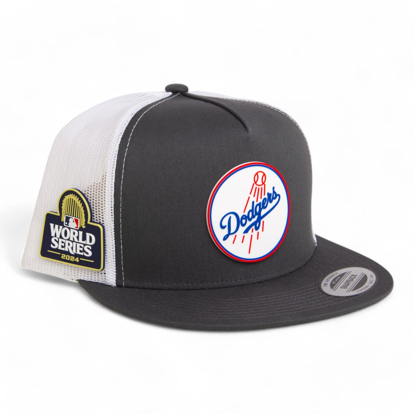 Los Angeles Dodgers 2024 World Series 3D YP Snapback Flat Bill Trucker Hat- Charcoal/ White