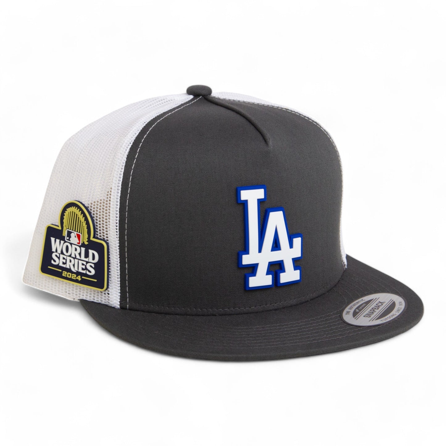 LA Dodgers 2024 World Series 3D YP Snapback Flat Bill Trucker Hat White- Charcoal/ White