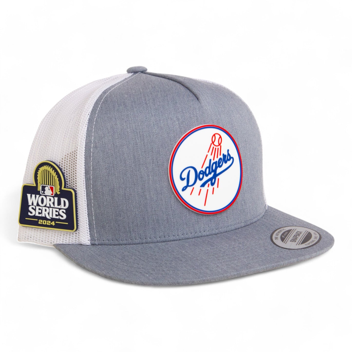 Los Angeles Dodgers 2024 World Series 3D YP Snapback Flat Bill Trucker Hat- Heather Grey/ White