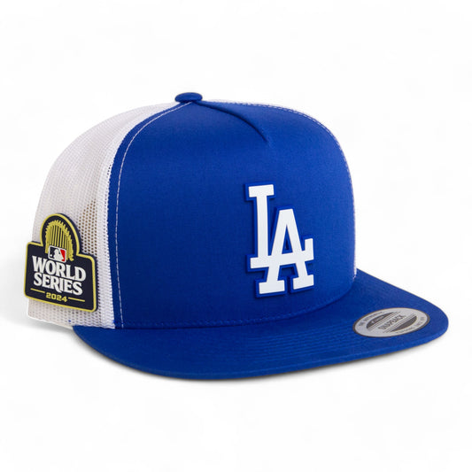 LA Dodgers 2024 World Series 3D YP Snapback Flat Bill Trucker Hat White- Royal/ White