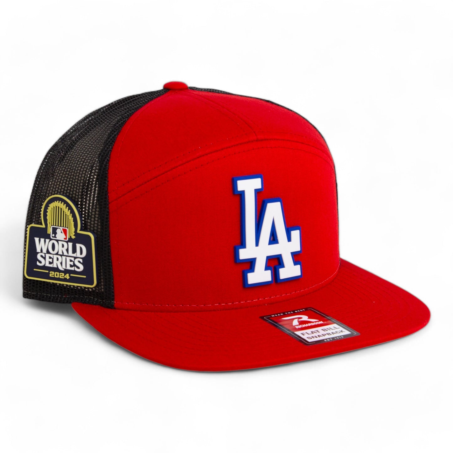 LA Dodgers 2024 World Series 3D Snapback Seven-Panel Flat Bill Trucker Hat White- Red/ Black