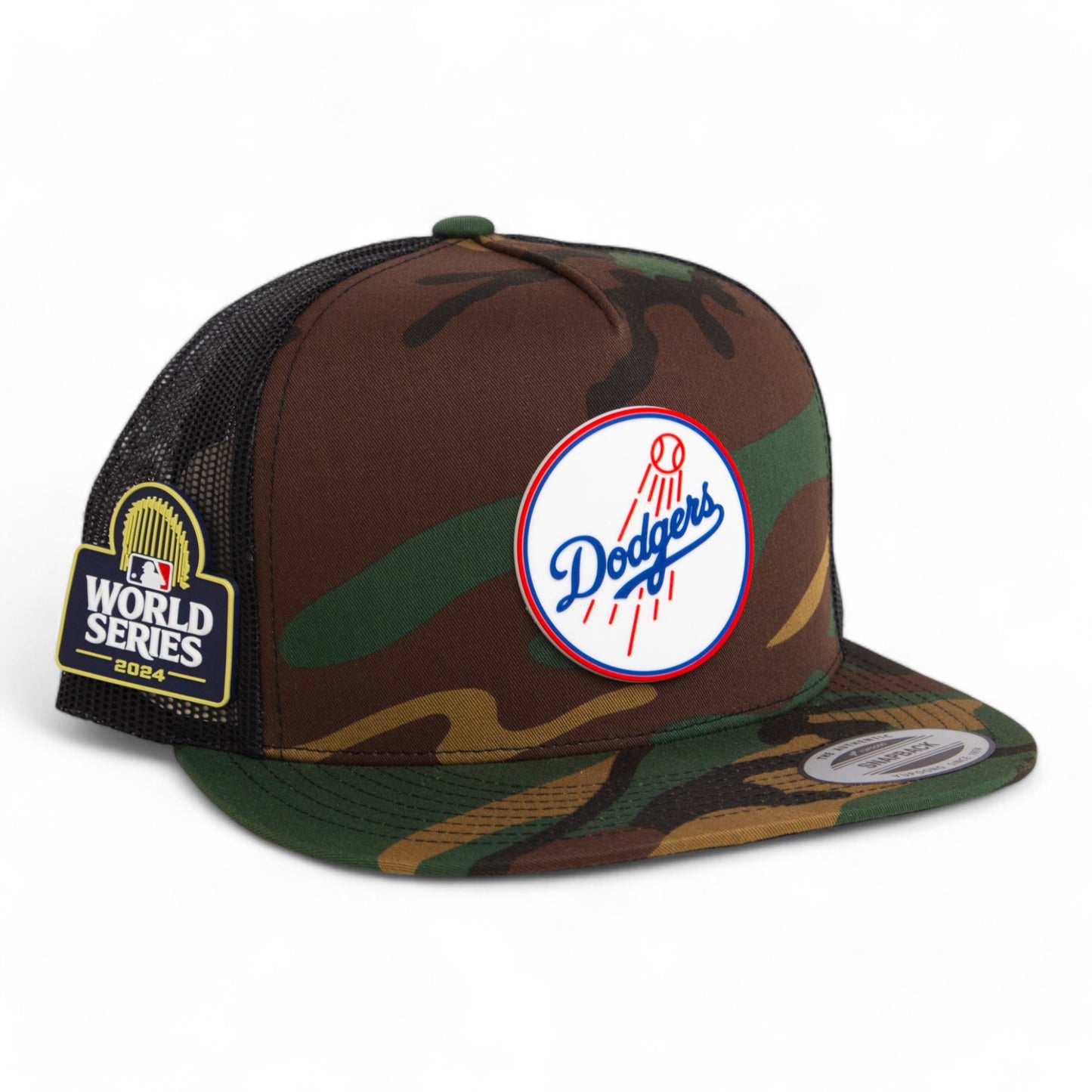 Los Angeles Dodgers 2024 World Series 3D YP Snapback Flat Bill Trucker Hat- Army Camo/ Black