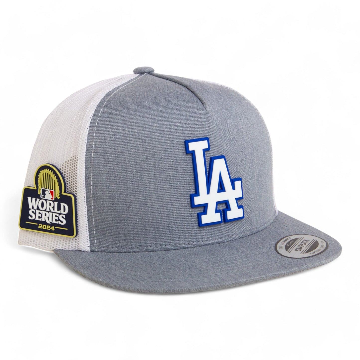 LA Dodgers 2024 World Series 3D YP Snapback Flat Bill Trucker Hat White- Heather Grey/ White