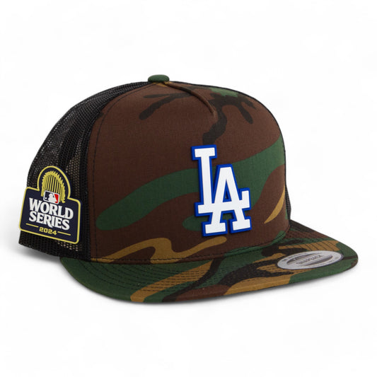 LA Dodgers 2024 World Series 3D YP Snapback Flat Bill Trucker Hat White- Army Camo/ Black