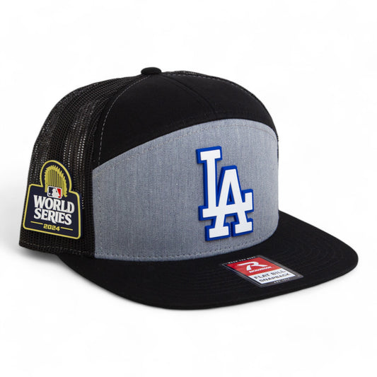 LA Dodgers 2024 World Series 3D Snapback Seven-Panel Flat Bill Trucker Hat White- Heather Grey/ Black