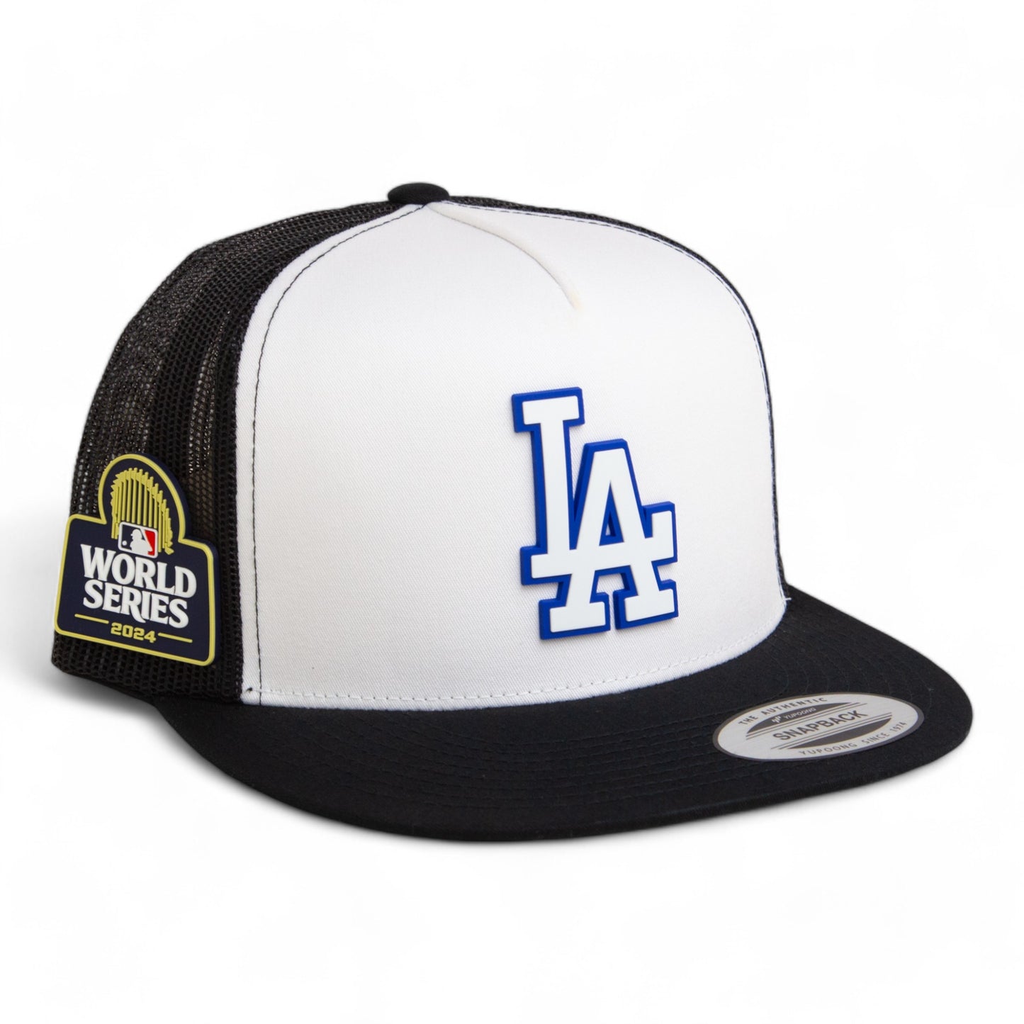 LA Dodgers 2024 World Series 3D YP Snapback Flat Bill Trucker Hat White- White/ Black