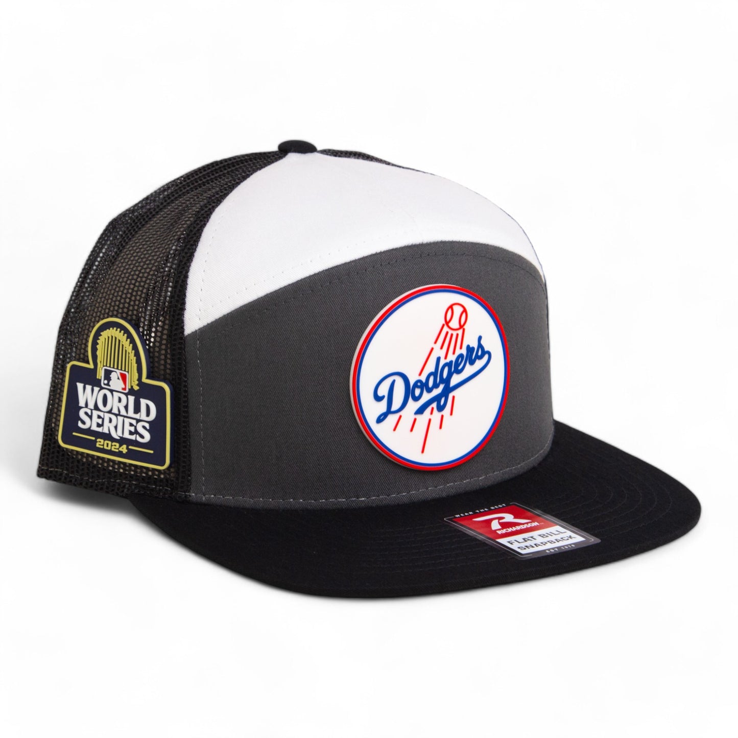 Los Angeles Dodgers 2024 World Series 3D Snapback Seven-Panel Flat Bill Trucker Hat- Charcoal/ White/ Black