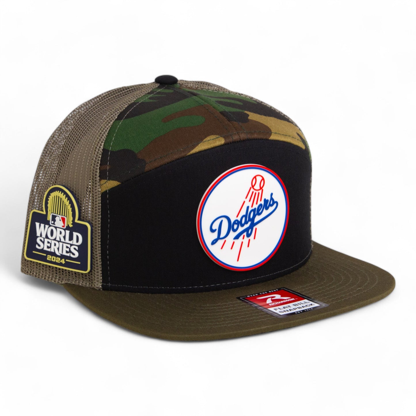 Los Angeles Dodgers 2024 World Series 3D Snapback Seven-Panel Flat Bill Trucker Hat- Black/ Army Camo/ Loden