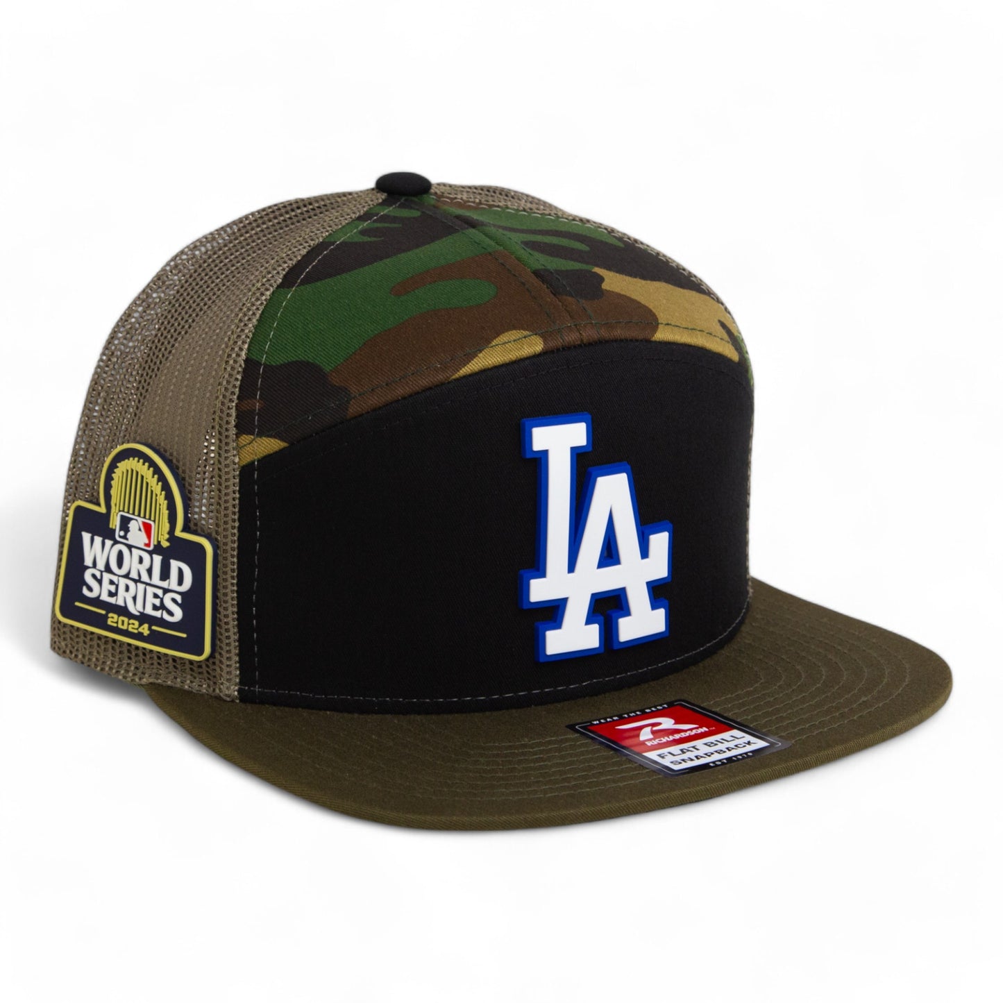 LA Dodgers 2024 World Series 3D Snapback Seven-Panel Flat Bill Trucker Hat White- Black/ Army Camo/ Loden