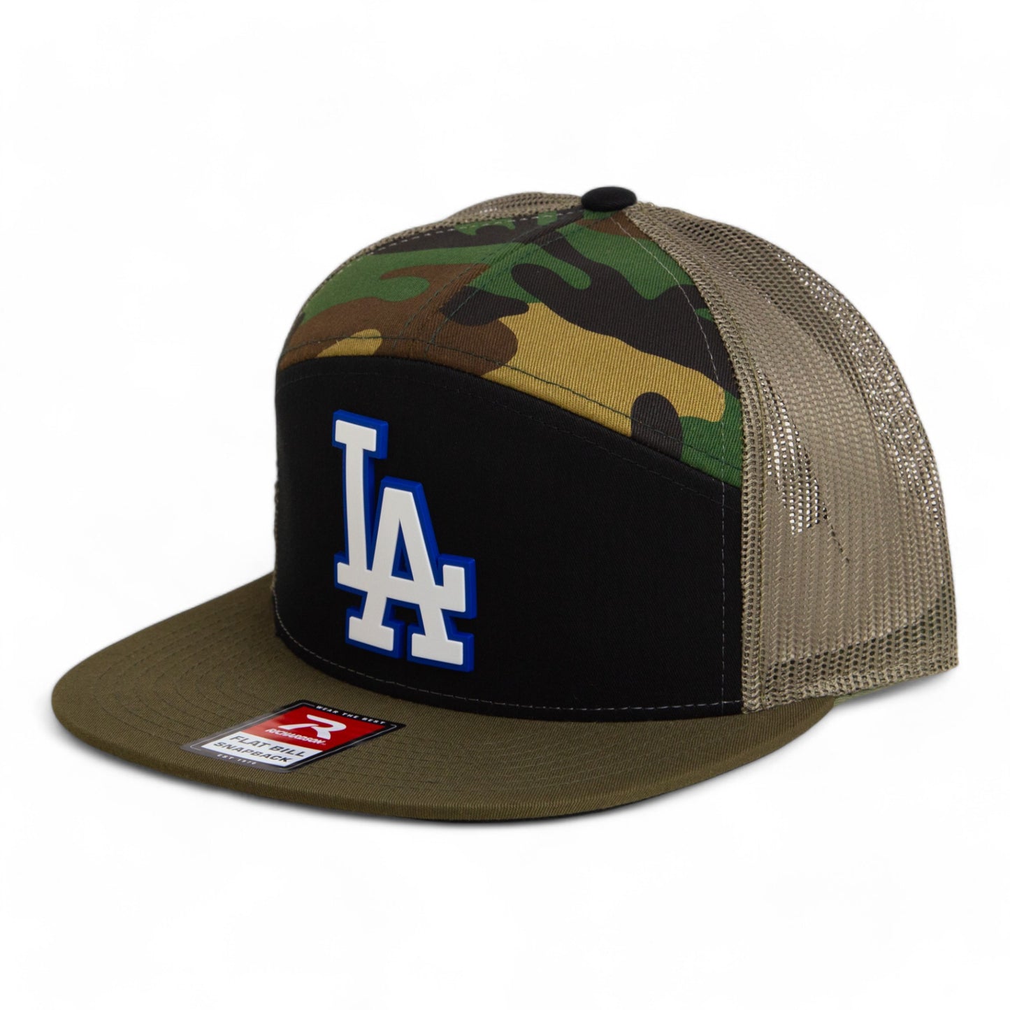 LA Dodgers 2024 World Series 3D Snapback Seven-Panel Flat Bill Trucker Hat White- Black/ Army Camo/ Loden