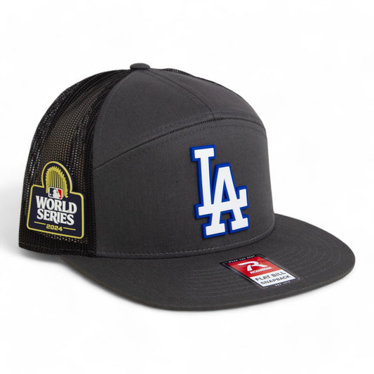 LA Dodgers 2024 World Series 3D Snapback Seven-Panel Flat Bill Trucker Hat White- Charcoal/ Black