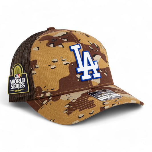 LA Dodgers 2024 World Series Snapback Trucker Hat White- Desert Camo/ Brown