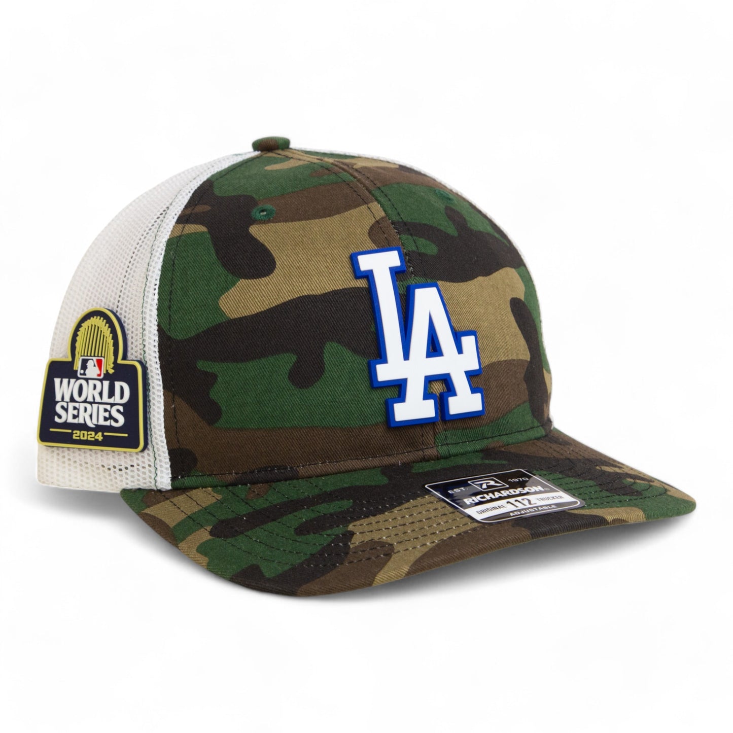 LA Dodgers 2024 World Series Snapback Trucker Hat White- Army Camo/ White