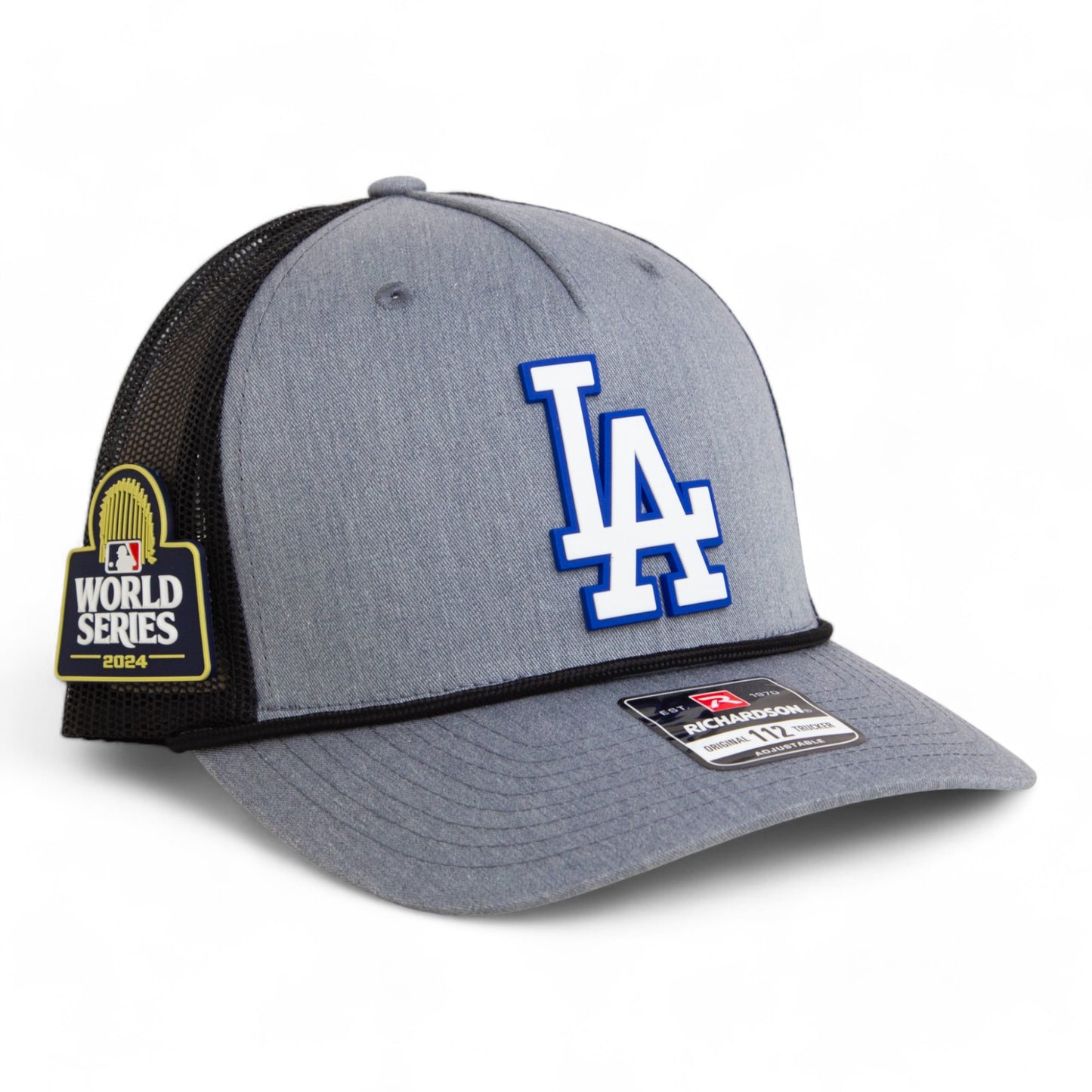 LA Dodgers 2024 World Series Snapback Trucker Rope Hat White- Heather Grey/ Black